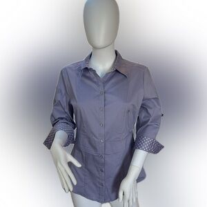 New York & Co Lavender Button Down Shirt with Notched Collar and polka dots NWT